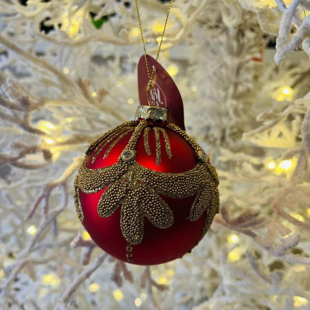 Bola Decorada de Vidro – 8 cm – Vermelho e Dourado