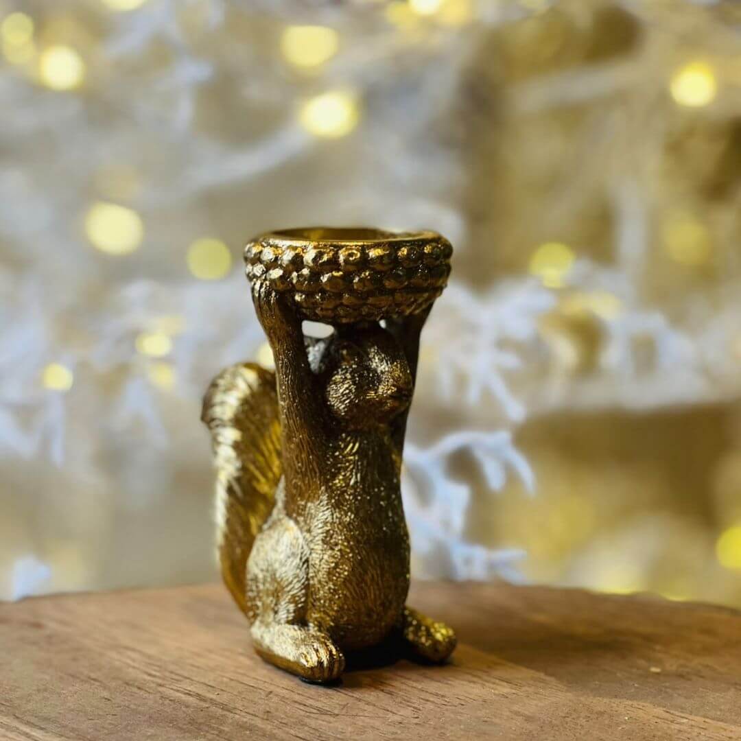 Porta-Velas Esquilo Dourado – 8 x 6 x 12cm