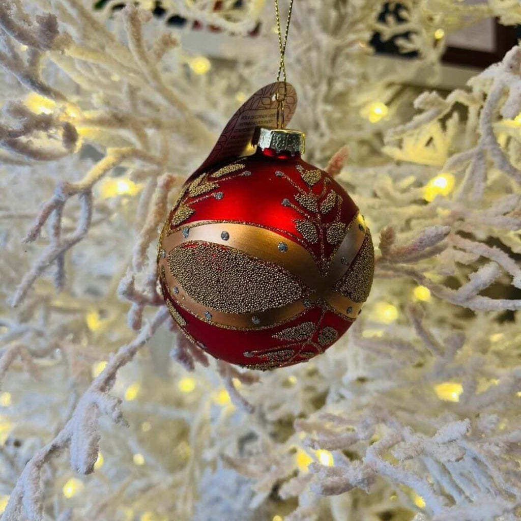 Bola Decorada de Vidro – 8 cm – Vermelho e Dourado